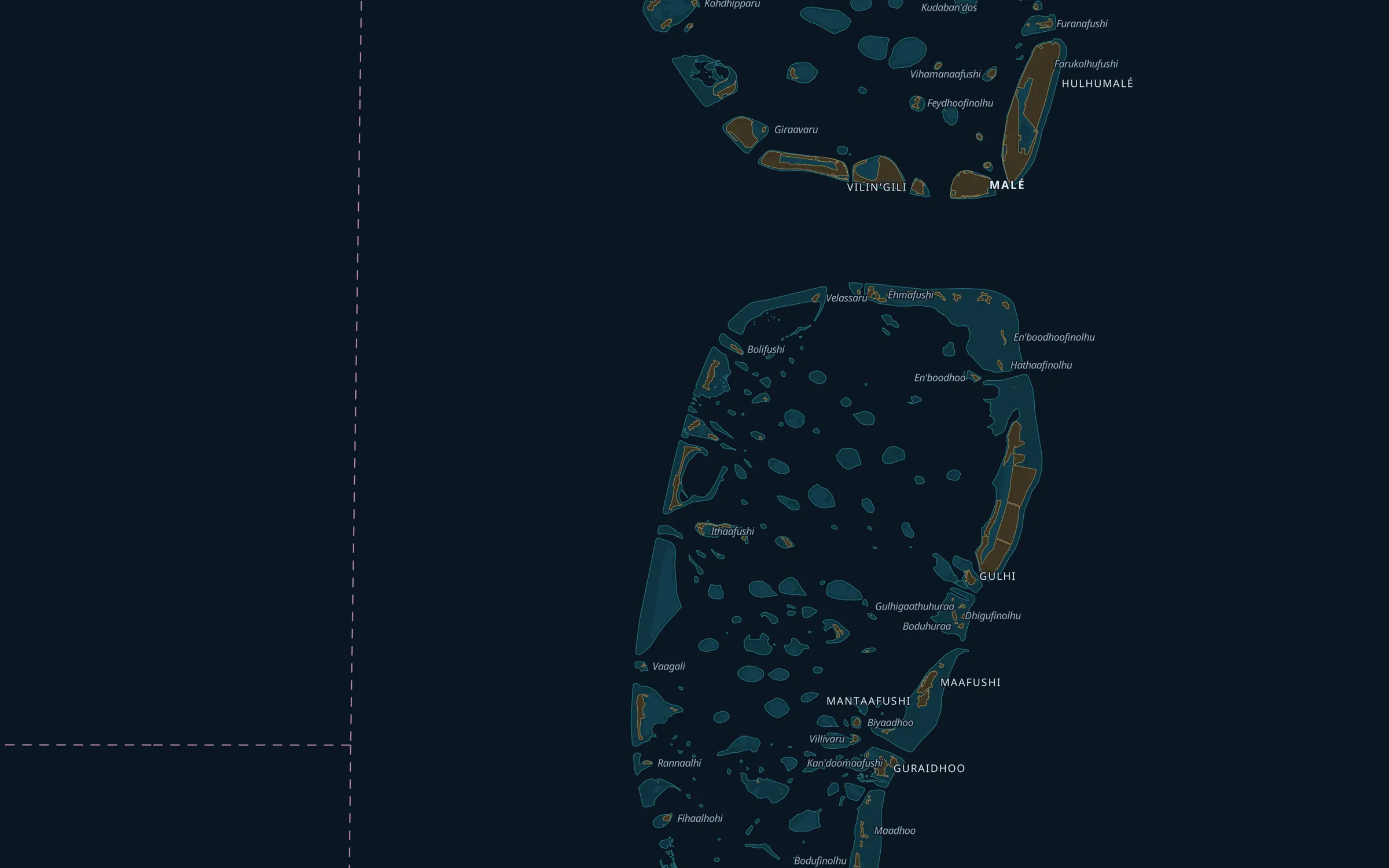 Dhuveli Midnight, our own chart of the Maldives: Malé, Hulhumalé and Villimalé down to Gulhi, Maafushi and Guraidhoo, with the reefs between them