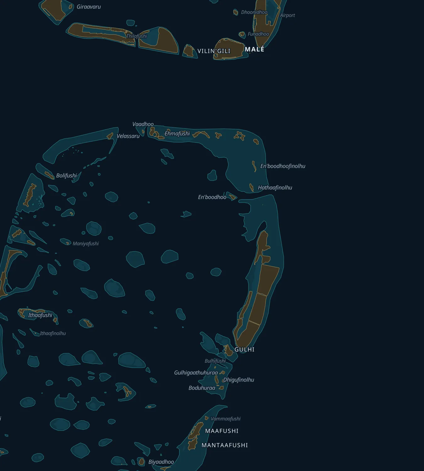 Dhuveli Midnight from Malé down to Maafushi, with the lane boats take between them past Gulhi
