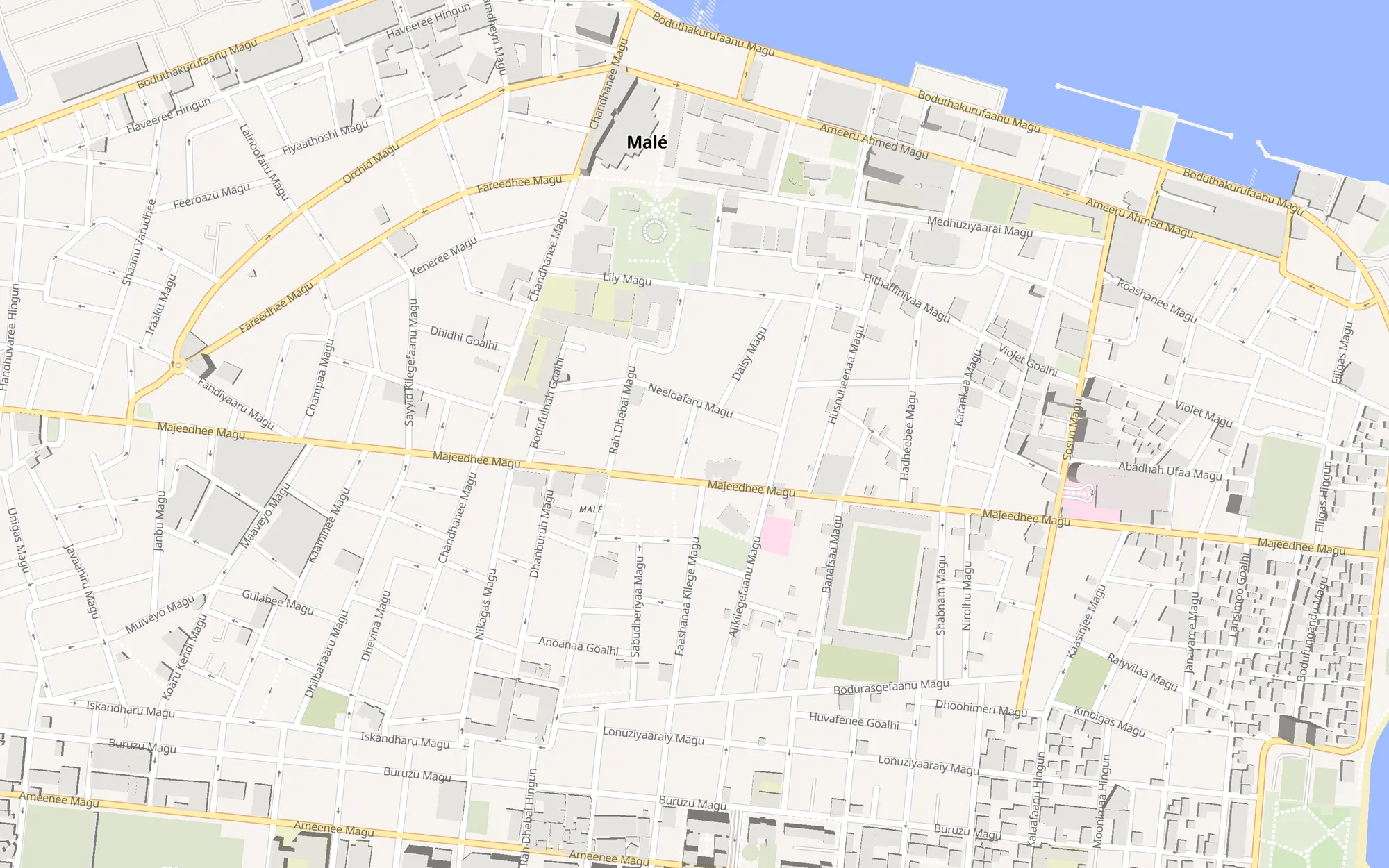 Street map of central Malé with an example trip along Majeedhee Magu and up Sosun Magu